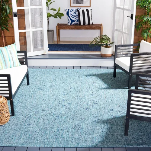 Vista 77 de SAFAVIEH Alfombra lavable al aire libre, colección Courtyard - 2'3" x 5', azul aguamarina y gris, no desprende pelusa y fácil limpieza, ideal