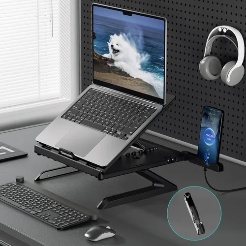 Vista 4 de OImaster Soporte ergonómico ajustable y plegable para computadora portátil con ventilación térmica, soporte elevador para laptop compatible