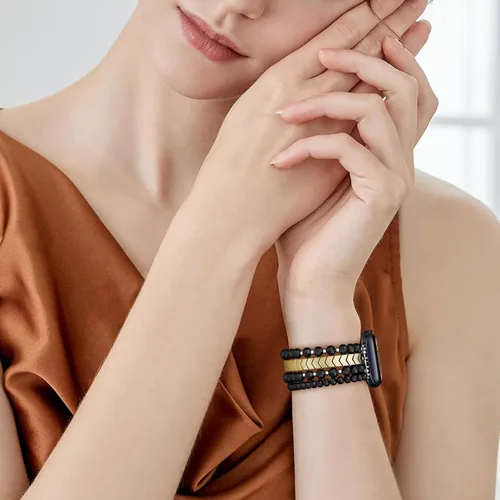 Vista 6 de MOFREE - Pulsera de cuentas compatible con Apple Watch Band de 1.496 in/1.575 in/1.614 in/1.65 in (38, 40, 41 y 42 mm) Series Negro/Oro