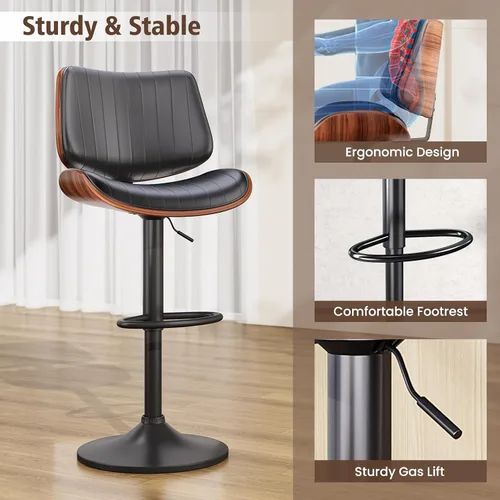 Vista 5 de YaFiti Adjustable Bar Stools, Modern Swivel PU Leather Counter Height Chairs with Backrest, Armless Kitchen Island Stools, Black 1 PCS