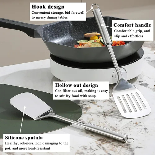 Vista 5 de Juego de espátulas de acero inoxidable, espátula ranurada plateada, espátula de cocina resistente, resistente al calor, utensilios de cocina ideales