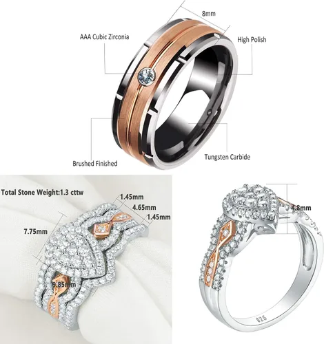Vista 3 de Newshe Jewellery Juego de anillos de boda para él y ella, AAAAA, circonita cúbica, bandas de tungsteno para hombre y mujer, plata de ley 925, oro