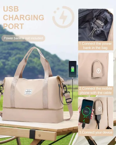 Vista 4 de Bolsa de viaje para mujer, bolsa deportiva para gimnasio, E1-beige