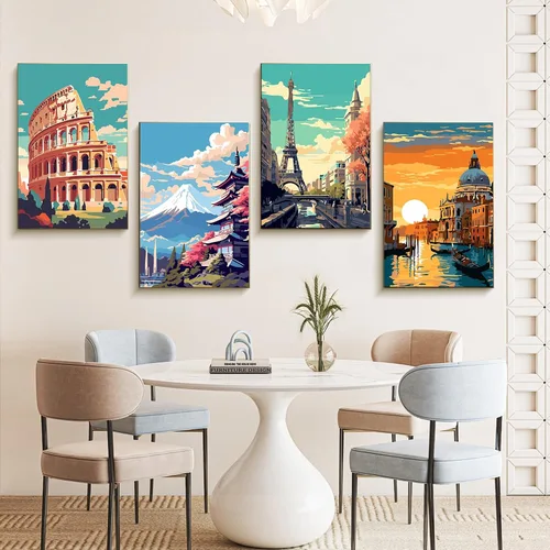 Vista 2 de Offito Paquete de 4 pinturas enmarcadas por números para adultos principiantes con caballete de madera, kit de pintura fácil de paisaje por números
