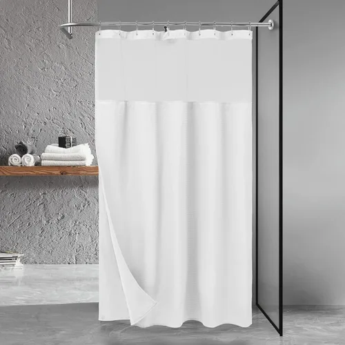 Vista 34 de N&Y HOME - Juego de cortina de ducha de punto gofre, forro de tela a presión y ganchos, para ducha pequeña, estilo hotel, ventana superior de malla