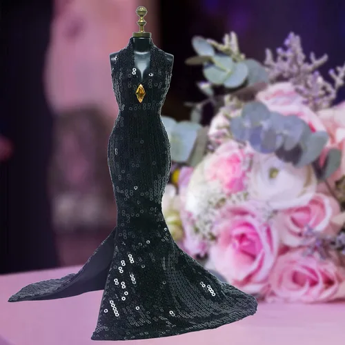 Vista 6 de Precioso vestido de muñeca hecho a mano, vestido de noche con lentejuelas, trajes de fiesta de boda para muñecas de 11.5 pulgadas (negro)