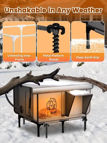 Vista 6 de Rywell Pro - Casa para gatos con calefacción para exteriores, refugio para gatos impermeable todo clima de PVC con marco reforzado, casa elevada