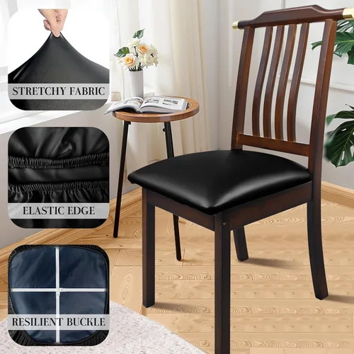 Vista 5 de Juego de 2 fundas de asiento para sillas de comedor de cuero PU, fundas impermeables para sillas de cocina, funda elástica para sillas