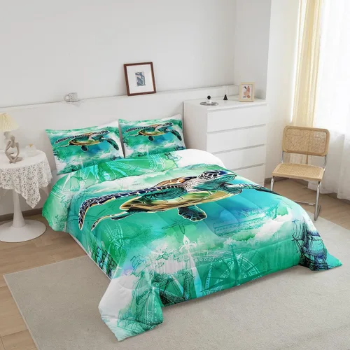Vista 2 de Juego de edredón de tortuga marina para niños, tamaño individual, juego de ropa de cama con brújula náutica del océano, juego de edredón retro