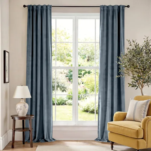 Vista 115 de Lazzzy Cortinas opacas de terciopelo beige de 84 pulgadas de largo con aislamiento térmico para oscurecer la habitación, cortinas forradas de lujo