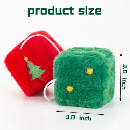Vista 2 de Dados peludos de Navidad para espejo retrovisor del automóvil, diseño bordado de Papá Noel y árbol, decoraciones colgantes de felpa roja y verde