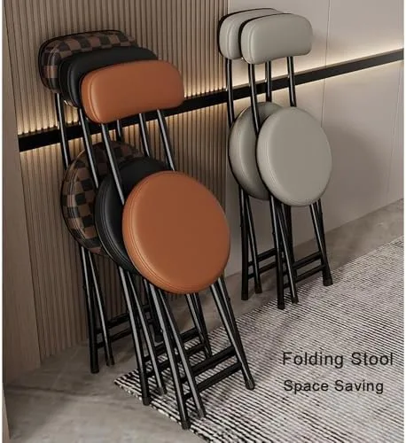 Vista 4 de Compact Foldable Bar Stool with Backrest & Round Cushion - Space-Saving Portable Chair for Kitchen, Dining, Living Room, Office & Balcony - Stylish