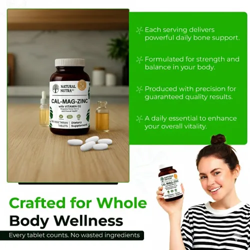 Vista 6 de Natural Nutra Suplemento de calcio y magnesio y zinc con vitamina D3 para fortaleza ósea, salud sin gluten y sin azúcar, complejo mineral esencial