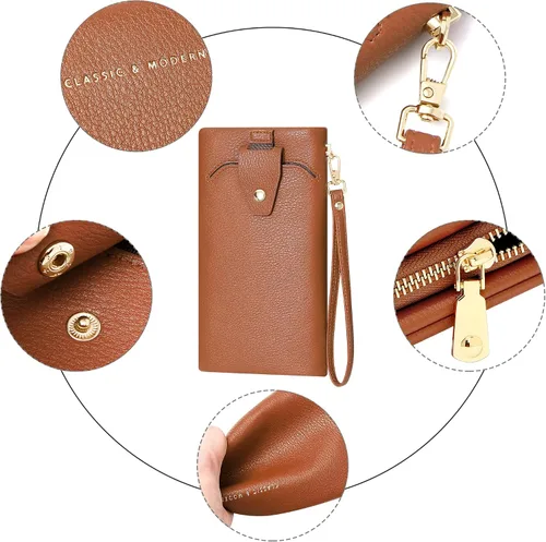 Vista 5 de Cartera para mujer, cartera de mano con soporte para teléfono, tarjetero grande de cuero vegano suave, Casual