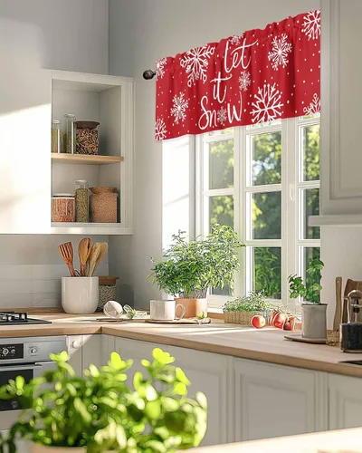 Vista 163 de Cenefa de cortina con lazo rojo de Navidad para ventanas, sala de estar, cocina, baño, granja, bolas de Navidad de acuarela con diseño de bayas
