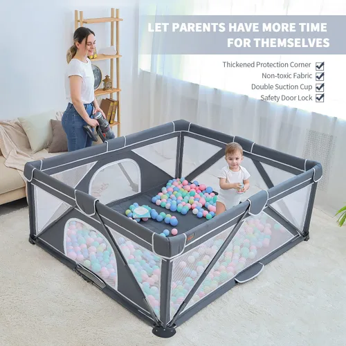 Vista 3 de Yobear - Corralito plegable para bebés y niños pequeños con 50 pelotas oceánicas y 2 asas, área de juego de seguridad para niños en interiores