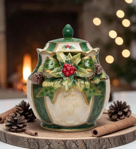 Vista 8 de Cosmos Gifts 10313 Acebo de Navidad de cerámica fina verde esmeralda con bayas rojas con cono de pino, 6 pulgadas de alto