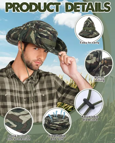 Vista 3 de Coume 6 sombreros de safari Boonie a granel de ala ancha para hombres y mujeres, gorra de camuflaje Boonie para safari militar senderismo