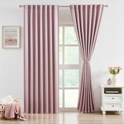Vista 15 de Bujasso Cortinas de jacquard negras con bolsillo para barra, pestaña trasera y lazos de lujo, cortinas aisladas térmicamente para oscurecer