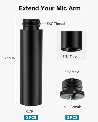 Vista 2 de InnoGear Tubo de extensión de soporte de micrófono, 2 piezas de 5/8 pulgadas de rosca de micrófono extensor de micrófono con 2 adaptadores de metal