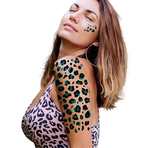 Vista 5 de Tatuajes temporales con estampado de leopardo, 6 hojas de calcomanías realistas de piel de leopardo para adultos y niños, perfectas para Halloween