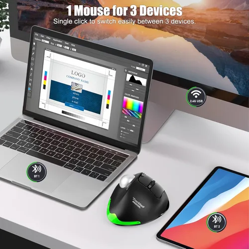 Vista 4 de TRELC Ratón Trackball Inalámbrico, Ratón Ergonómico con Bola Rodante con 4800 DPI/7 Botones Programables, Ratón de Control con Pulgar, Ratón Óptico