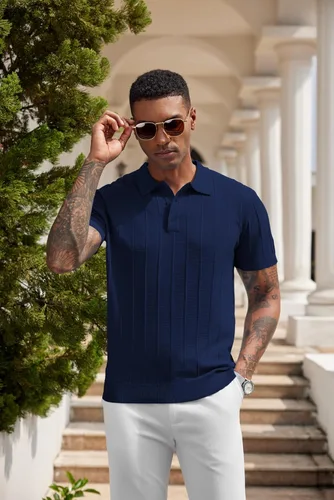 Vista 83 de COOFANDY Camisas polo de punto para hombre de manga corta con textura acanalada Camisas de golf casuales y ligeras con cuello Camiseta de polo
