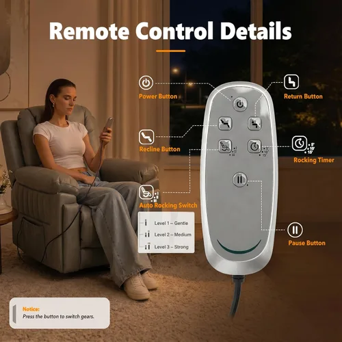 Vista 5 de Silla reclinable eléctrica con mecedora automática y control remoto Eco-pu Cuero Gris