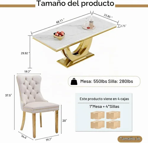 Vista 3 de SSLine Juego de mesa de comedor de mármol sintético blanco de 68 pulgadas