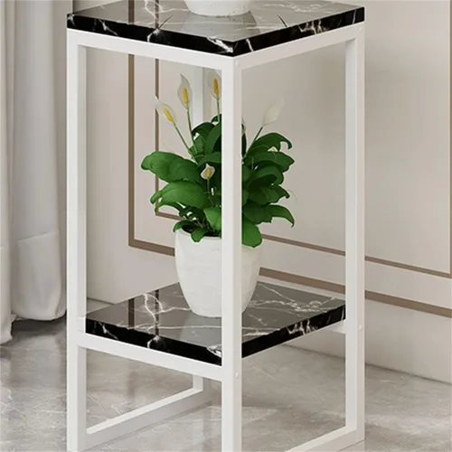 Vista 25 de Mesa cuadrada simple de madera de varios niveles con estante de almacenamiento, soporte para maceta de hierro forjado para sala de estar en Negro