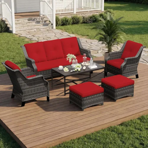 Vista 48 de Sofá de mimbre para patio al aire libre, sofá de 3 plazas, sofá de ratán con asiento profundo y cojines de olefina, respaldo alto, todo tipo de Beige