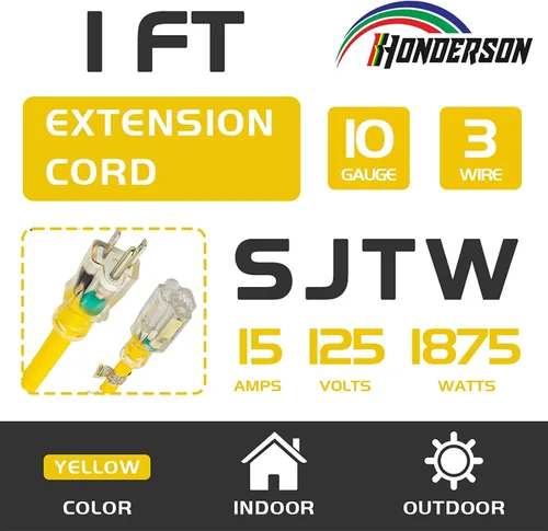 Vista 2 de Cable de extensión con extremo iluminado, certificación UL, calibre 10, 1 pie, amarillo, 3 clavijas, resistente, cable de alimentación SJTW 15A 10/3