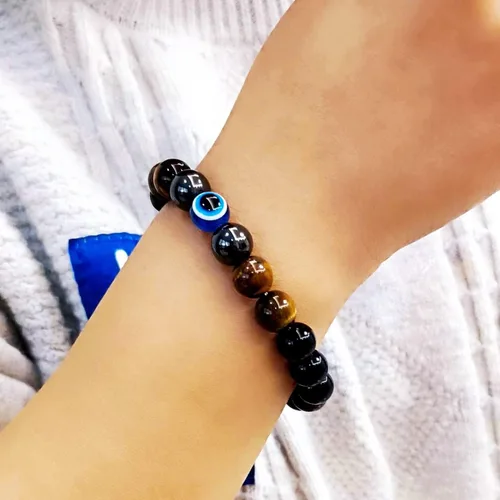 Vista 7 de Pulseras de triple protección con piedra de ojo de tigre de obsidiana negra con hematita para hombres y mujeres, pulsera de piedra curativa
