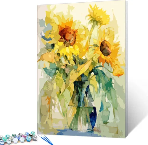 Vista 22 de Tucocoo Kit de pintura de margaritas coloridas por números con pinceles y pigmento acrílico sobre lienzo para adultos, hermoso proyecto