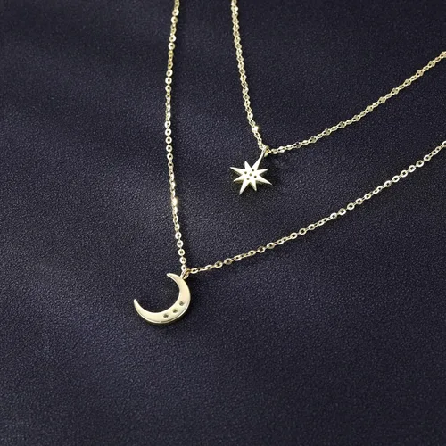 Vista 5 de SLUYNZ Collar de Gargantilla de Cadena de Plata de Ley 925 con Capas, Collar de Estrellas y Lunas para Mujeres, Gargantilla de Cadena de Capas