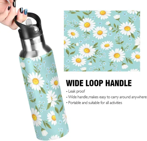 Vista 4 de Daisies - Botella de agua de acero inoxidable aislada al vacío con diseño de flores amarillas y azules, botella de agua deportiva de 32 onzas sin