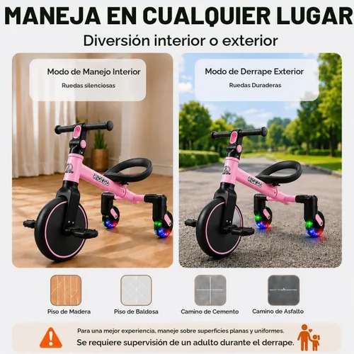 Vista 4 de Ridego Triciclo 3 en 1 para niños de 2 a 5 años, modos de caminante, pedal Rosa
