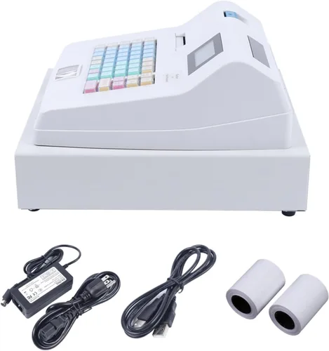 Vista 6 de Caja registradora electrónica con cajón, esquinas redondas, panel frontal de acero inoxidable, cuatro compartimentos con clips para dinero y cinco