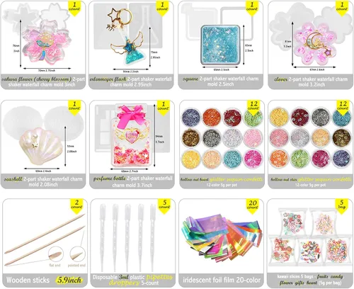 Vista 3 de Funshowcase Paquete de moldes de silicona para coctelera de resina, suministros de joyería, 132 kits
