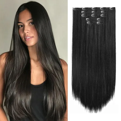 Vista 24 de Extensiones de cabello sintético con clip, color burdeos de 18 pulgadas de largo, invisibles, gruesas, extensiones de cabello lacio con clips, 5