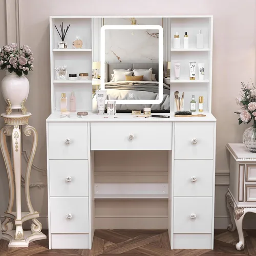 Vista 14 de JBLCC Escritorio de tocador con espejo LED deslizante y luces, juego de tocador blanco con taburete y cajones, brillo de luz de 3 colores ajustable