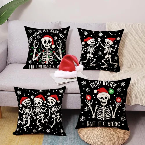Vista 2 de Juego de 4 fundas de almohada decorativas de esqueleto gótico de Navidad de 18 x 18 pulgadas, diseño de calavera de Navidad, decoración del hogar al