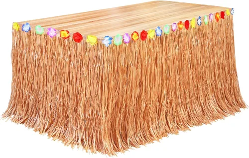 Vista 21 de Fovths Luau - Falda de mesa de hierba natural de 9 pies x 29.5 pulgadas, falda de mesa hawaiana para decoraciones de fiesta hawaiana tropical, Verde