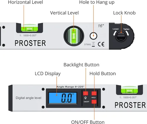 Vista 2 de Proster 0-225° Buscador de Ángulos Digital Transportador - Reglas de Ángulo de Aluminio 225° 40 cm Pantalla LCD Retroiluminada con Horizontal