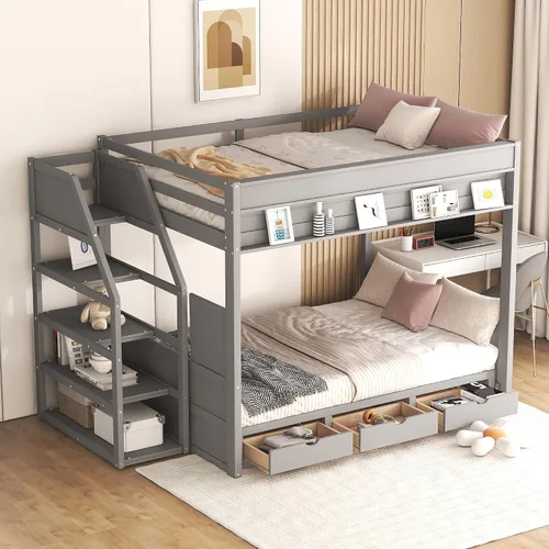 Vista 32 de VilroCaz Modern Elegance - Cama tipo loft de tamaño matrimonial con cajones de almacenamiento y escritorio, marco de cama de madera maciza