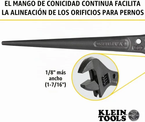 Vista 3 de Klein Tools 3227 Llave Ajustable Extra Ancha, Llave de Construcción Spud para Tuercas y Pernos de hasta 1-7/16 Pulgadas, 10 Pulgadas, con Orificio