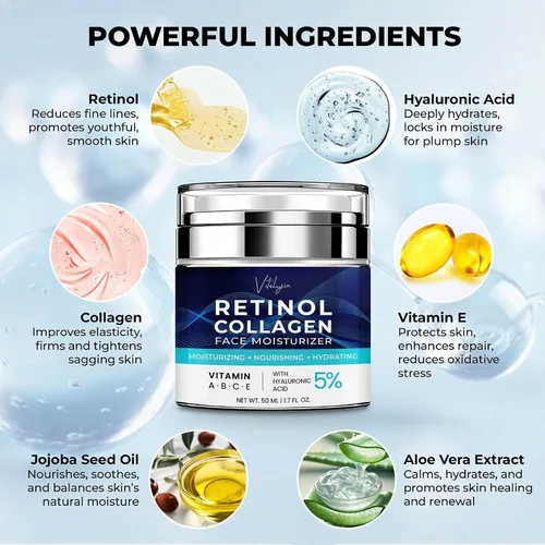 Vista 3 de Hidratante facial para la piel envejecida: crema antiarrugas para mujeres mayores y hombres de 50 y 60 años más con retinol, colágeno y ácido