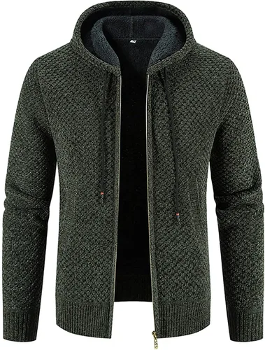 Vista 2 de Chaqueta de punto para hombre, manga larga, ajuste regular, con capucha, casual, holgada, con cordón #01 Verde Ejército