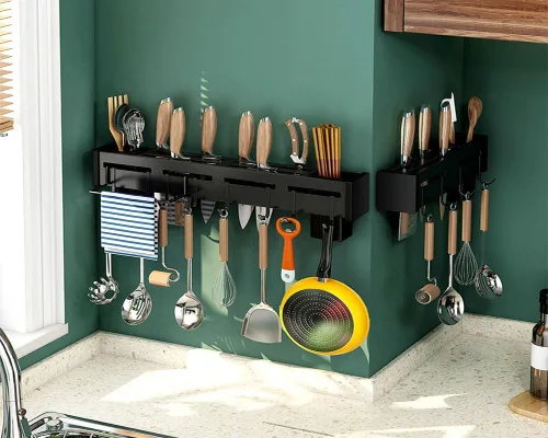 Vista 3 de Organizador de cocina de 20 pulgadas, ganchos sin agujeros, organizador de almacenamiento de cubiertos montado en la pared para cuchillos, cucharas