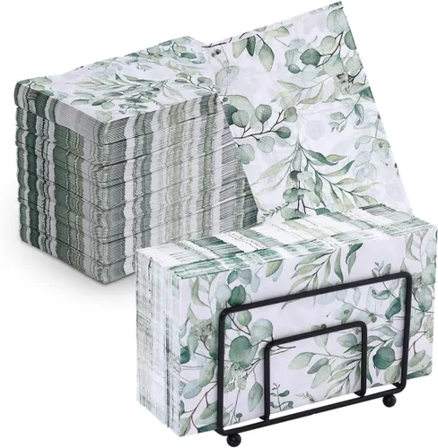 Vista 8 de 100 servilletas desechables para invitados, toallas de mano desechables de papel con hojas verdes, servilletas de mano decorativas de papel